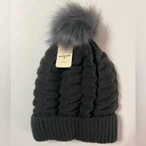 New With Tag Fleece Lined Beanie With Faux Fur Pom Pom Charcoal Grey Color